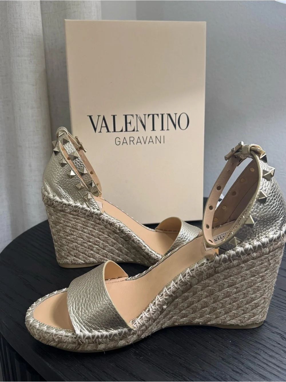 Valentino Garavani Rockstud Espadrille Wedge Sandals Gold 40